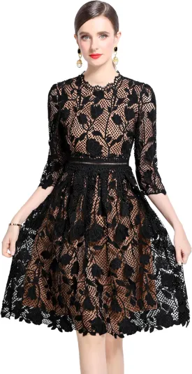 LAI MENG FIVE CATS Womens 3/4 Sleeve Flowy Lace Floral Elegant Crew Neck Crochet Waist Party Dress