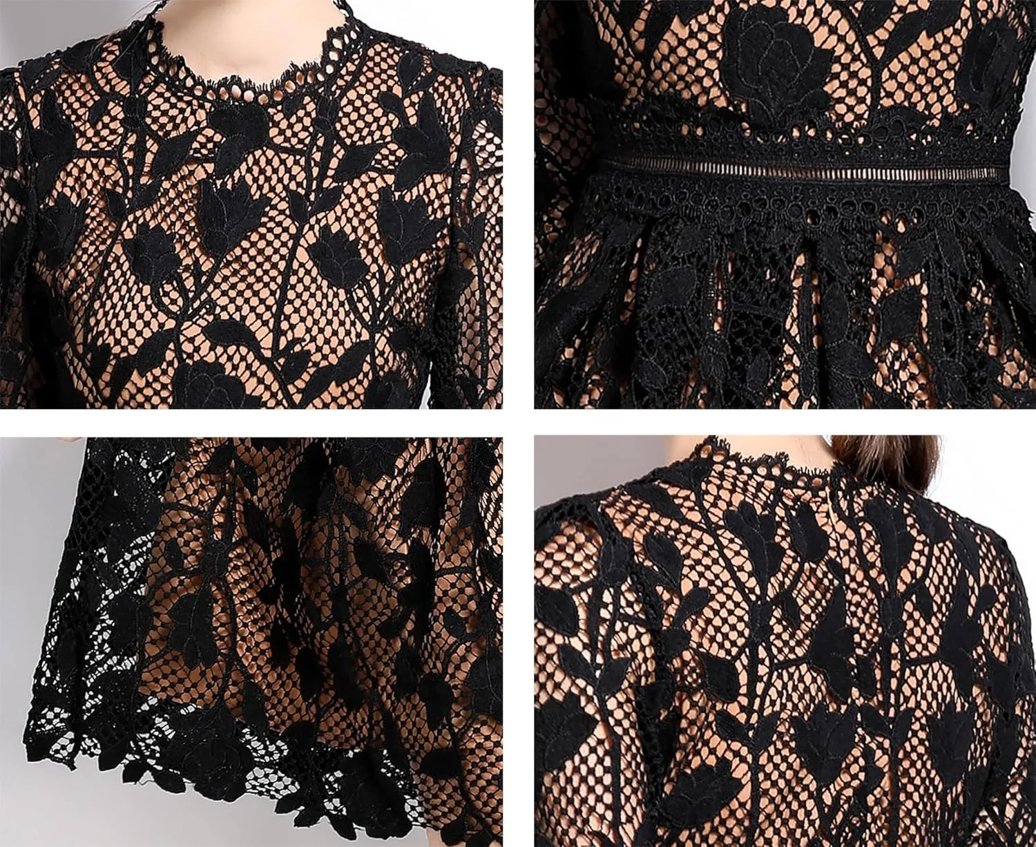 LAI MENG FIVE CATS Womens 3/4 Sleeve Flowy Lace Floral Elegant Crew Neck Crochet Waist Party Dress