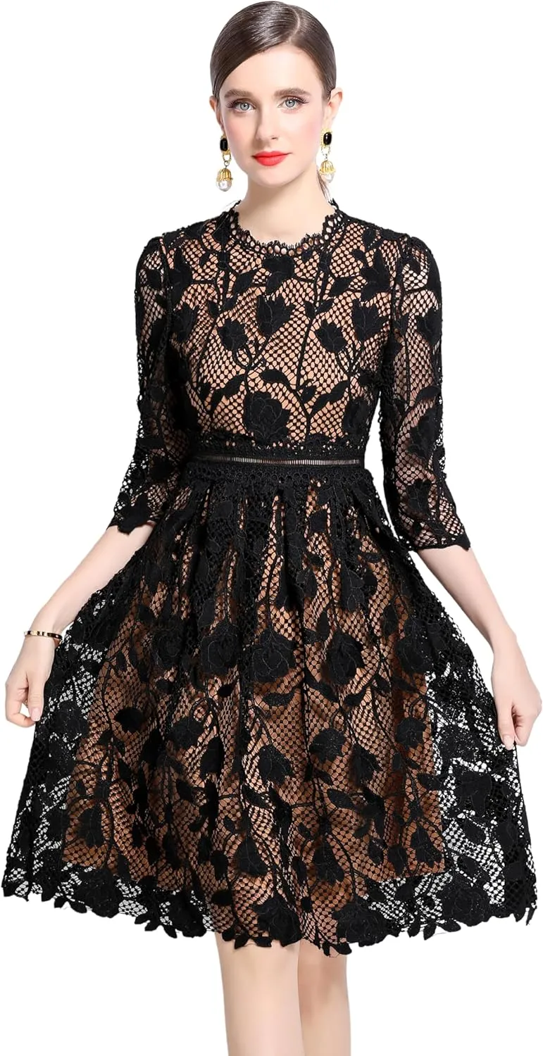 LAI MENG FIVE CATS Womens 3/4 Sleeve Flowy Lace Floral Elegant Crew Neck Crochet Waist Party Dress