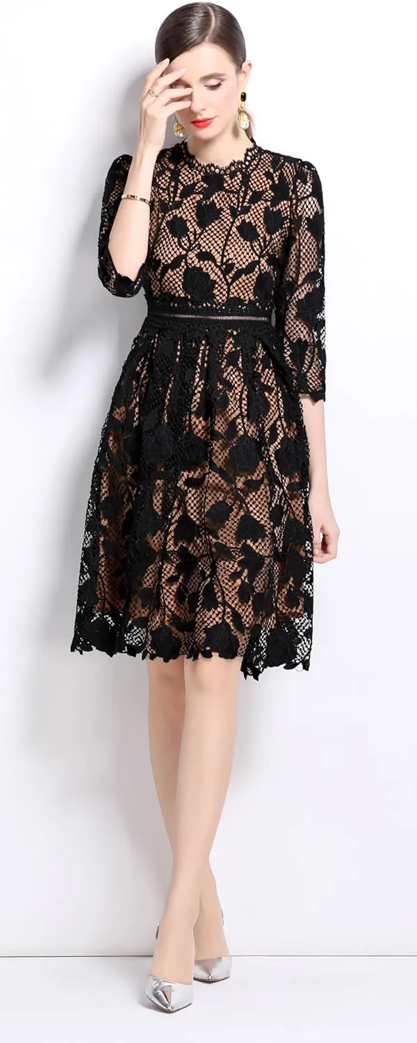 LAI MENG FIVE CATS Womens 3/4 Sleeve Flowy Lace Floral Elegant Crew Neck Crochet Waist Party Dress