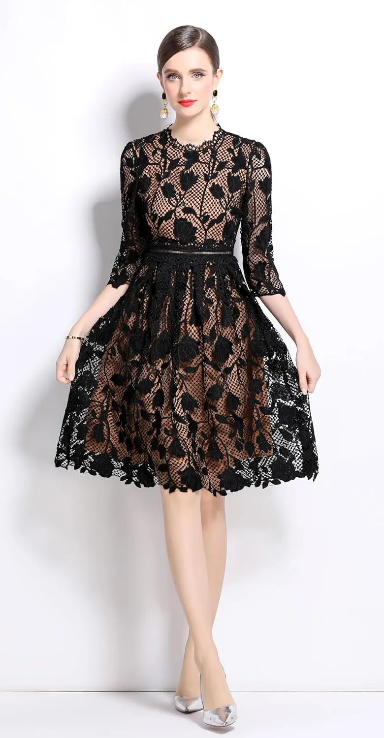 LAI MENG FIVE CATS Womens 3/4 Sleeve Flowy Lace Floral Elegant Crew Neck Crochet Waist Party Dress