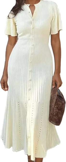 LAJIOJIO Knit Long Dress Women,Elegant Button Down Short Sleeve Slim Fit Dresses
