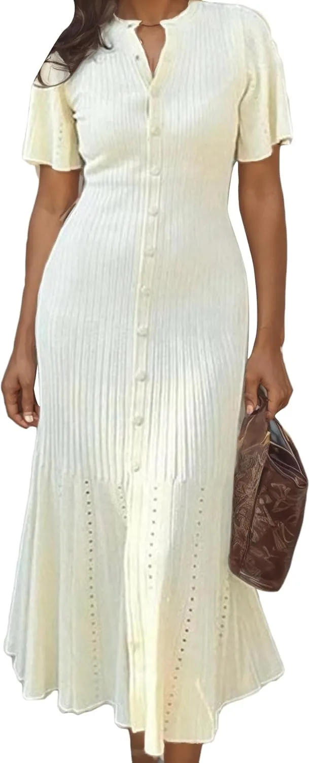 LAJIOJIO Knit Long Dress Women,Elegant Button Down Short Sleeve Slim Fit Dresses