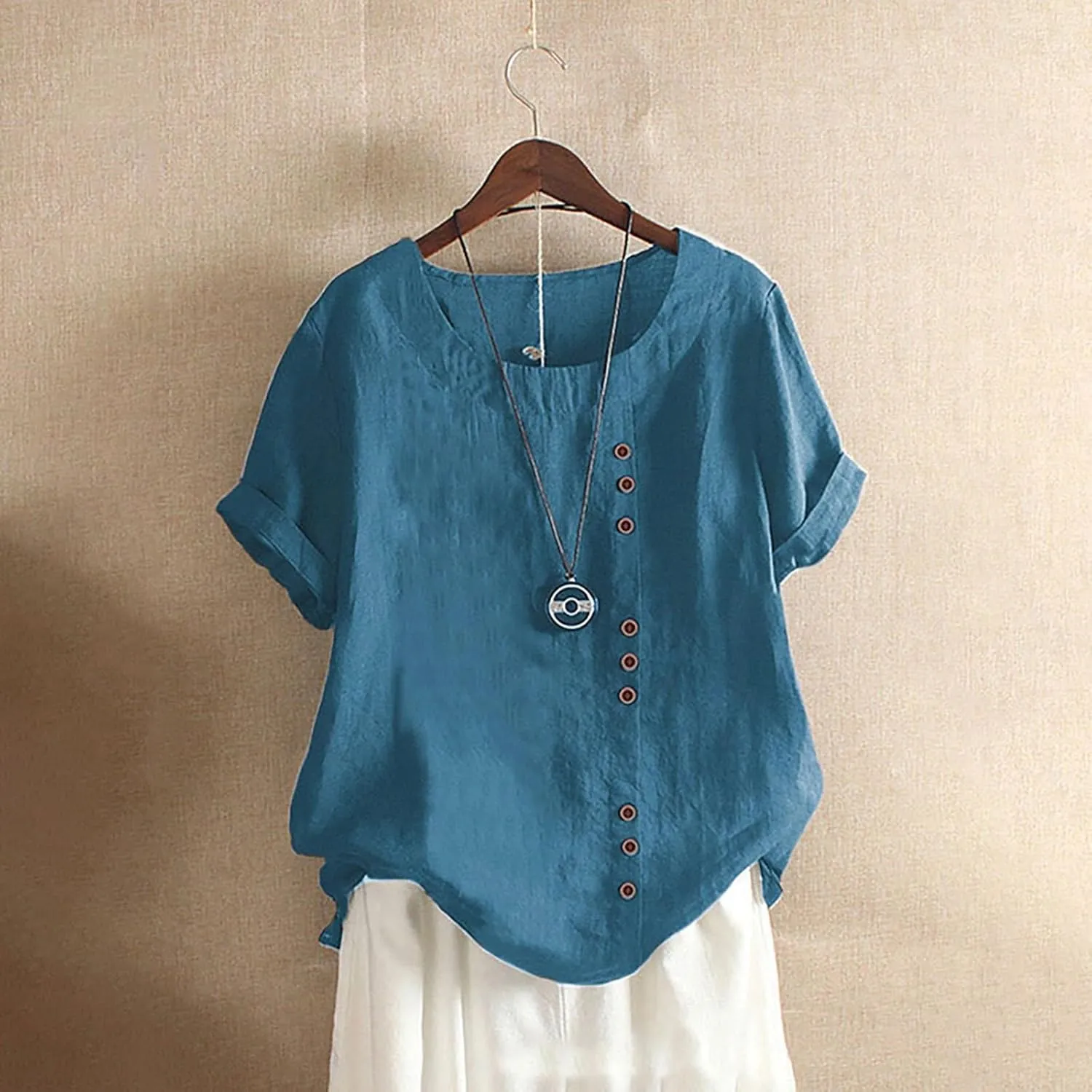 Linen Shirts for Women Plus Size Boho Tops Rolled 3/4 Length Sleeve Loose Fit Blouse 2025 Trendy Tees Resort Wear