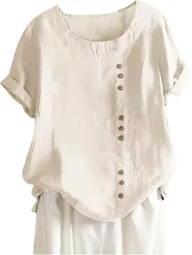 Linen Shirts for Women Plus Size Boho Tops Rolled 3/4 Length Sleeve Loose Fit Blouse 2025 Trendy Tees Resort Wear