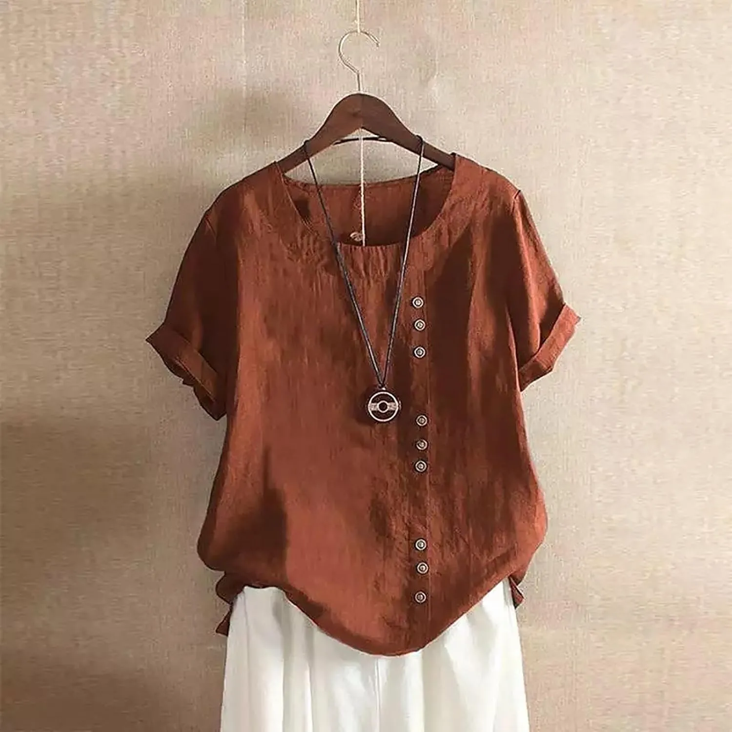 Linen Shirts for Women Plus Size Boho Tops Rolled 3/4 Length Sleeve Loose Fit Blouse 2025 Trendy Tees Resort Wear
