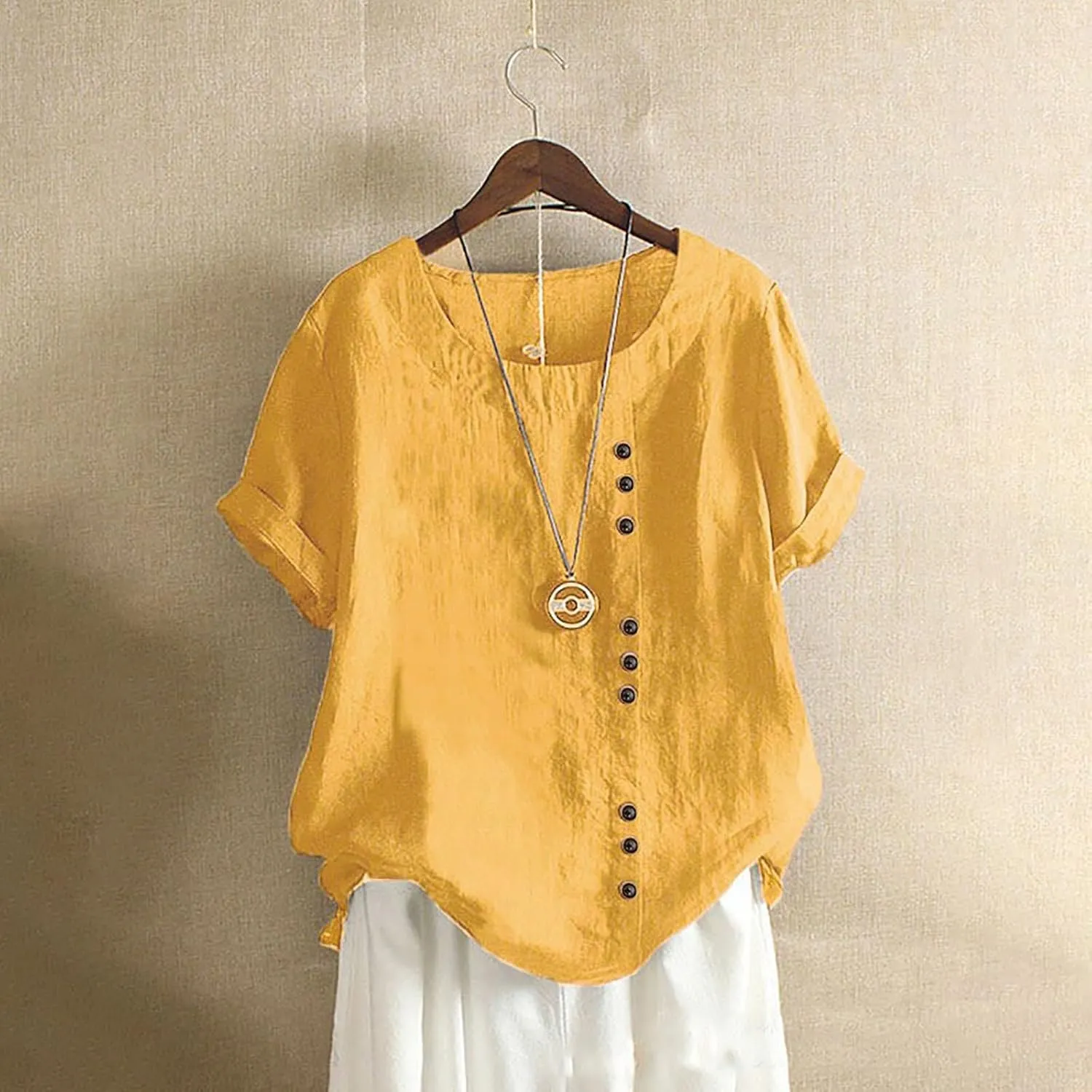 Linen Shirts for Women Plus Size Boho Tops Rolled 3/4 Length Sleeve Loose Fit Blouse 2025 Trendy Tees Resort Wear