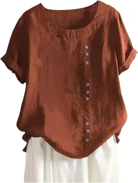 Linen Shirts for Women Plus Size Boho Tops Rolled 3/4 Length Sleeve Loose Fit Blouse 2025 Trendy Tees Resort Wear