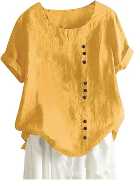 Linen Shirts for Women Plus Size Boho Tops Rolled 3/4 Length Sleeve Loose Fit Blouse 2025 Trendy Tees Resort Wear