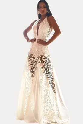 Long backless  white evening dress