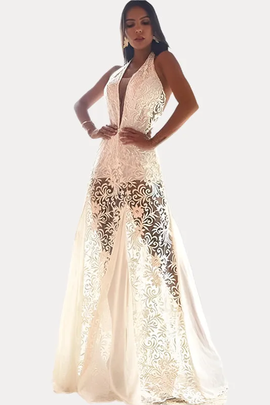 Long backless  white evening dress