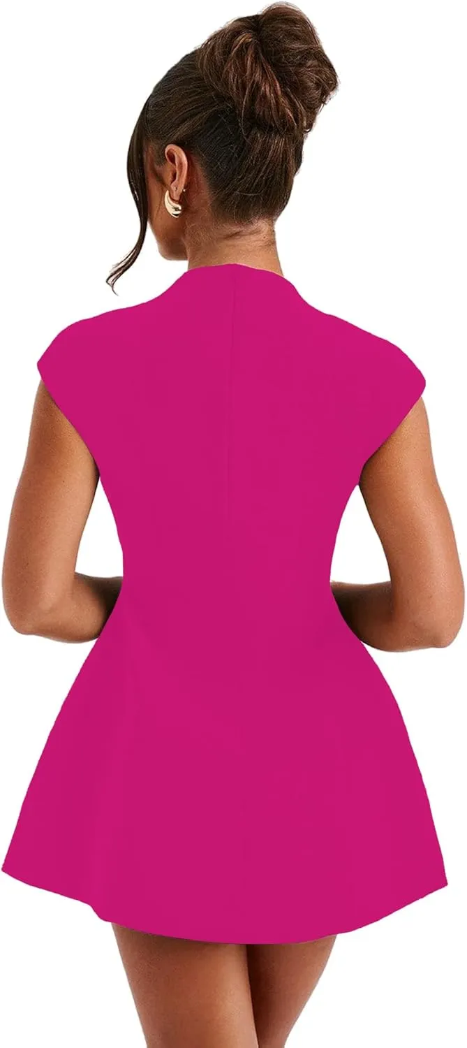 LuFeng Women's Summer Sexy Cap Sleeve Deep V Neck Zipper A-line Mini Dress Hollow Bodycon Night Out Party Dress
