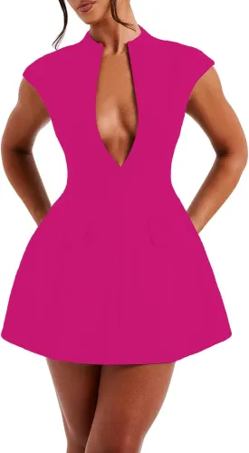LuFeng Women's Summer Sexy Cap Sleeve Deep V Neck Zipper A-line Mini Dress Hollow Bodycon Night Out Party Dress