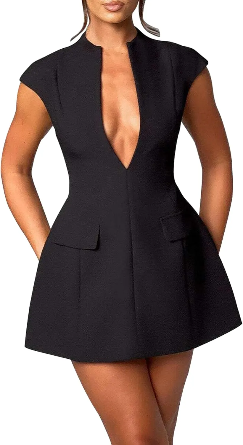 LuFeng Women's Summer Sexy Cap Sleeve Deep V Neck Zipper A-line Mini Dress Hollow Bodycon Night Out Party Dress