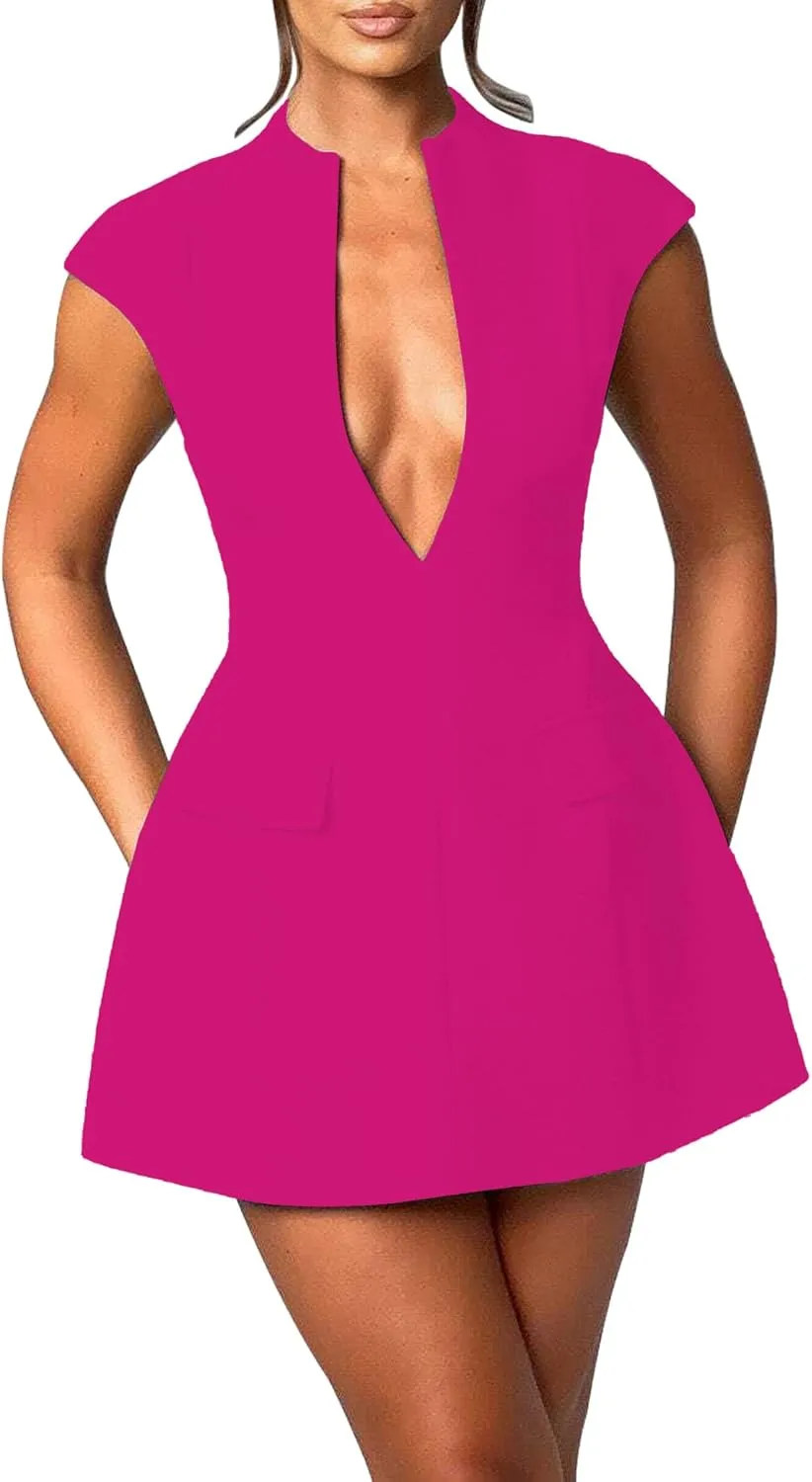 LuFeng Women's Summer Sexy Cap Sleeve Deep V Neck Zipper A-line Mini Dress Hollow Bodycon Night Out Party Dress