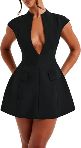 LuFeng Women's Summer Sexy Cap Sleeve Deep V Neck Zipper A-line Mini Dress Hollow Bodycon Night Out Party Dress