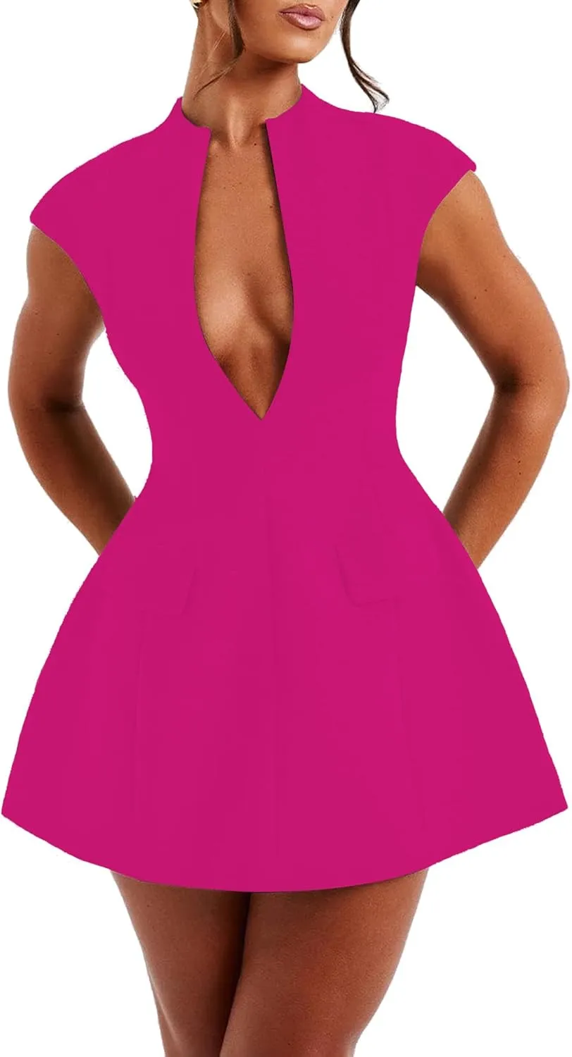 LuFeng Women's Summer Sexy Cap Sleeve Deep V Neck Zipper A-line Mini Dress Hollow Bodycon Night Out Party Dress