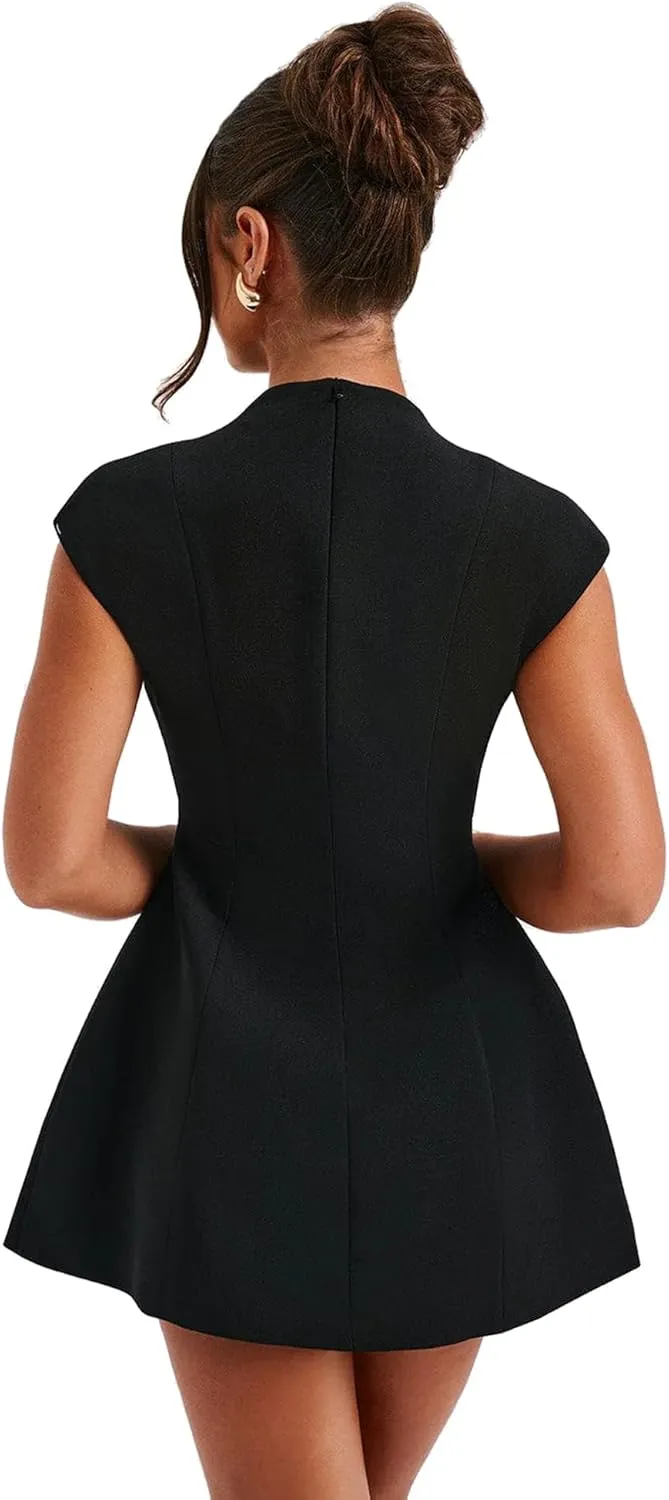 LuFeng Women's Summer Sexy Cap Sleeve Deep V Neck Zipper A-line Mini Dress Hollow Bodycon Night Out Party Dress