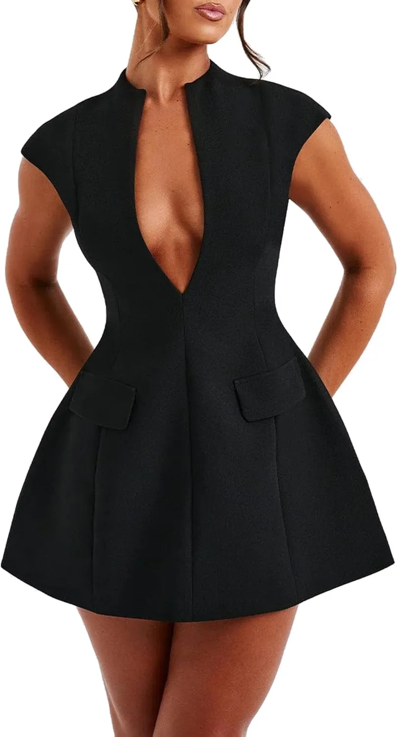 LuFeng Women's Summer Sexy Cap Sleeve Deep V Neck Zipper A-line Mini Dress Hollow Bodycon Night Out Party Dress