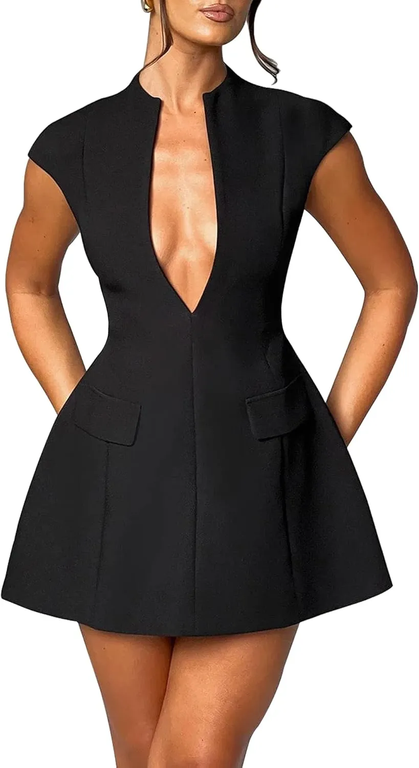 LuFeng Women's Summer Sexy Cap Sleeve Deep V Neck Zipper A-line Mini Dress Hollow Bodycon Night Out Party Dress