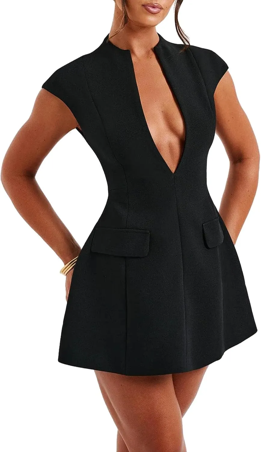 LuFeng Women's Summer Sexy Cap Sleeve Deep V Neck Zipper A-line Mini Dress Hollow Bodycon Night Out Party Dress