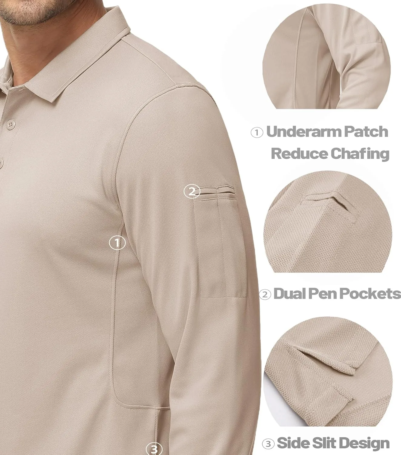 MAGCOMSEN Men's Polo Shirts 3 Button Quick Dry Performance Long Sleeve Tactical Shirts Pique Jersey Golf Shirt
