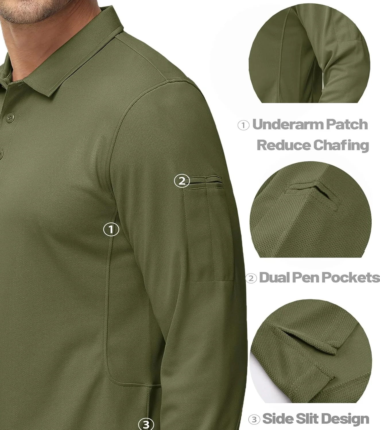 MAGCOMSEN Men's Polo Shirts 3 Button Quick Dry Performance Long Sleeve Tactical Shirts Pique Jersey Golf Shirt