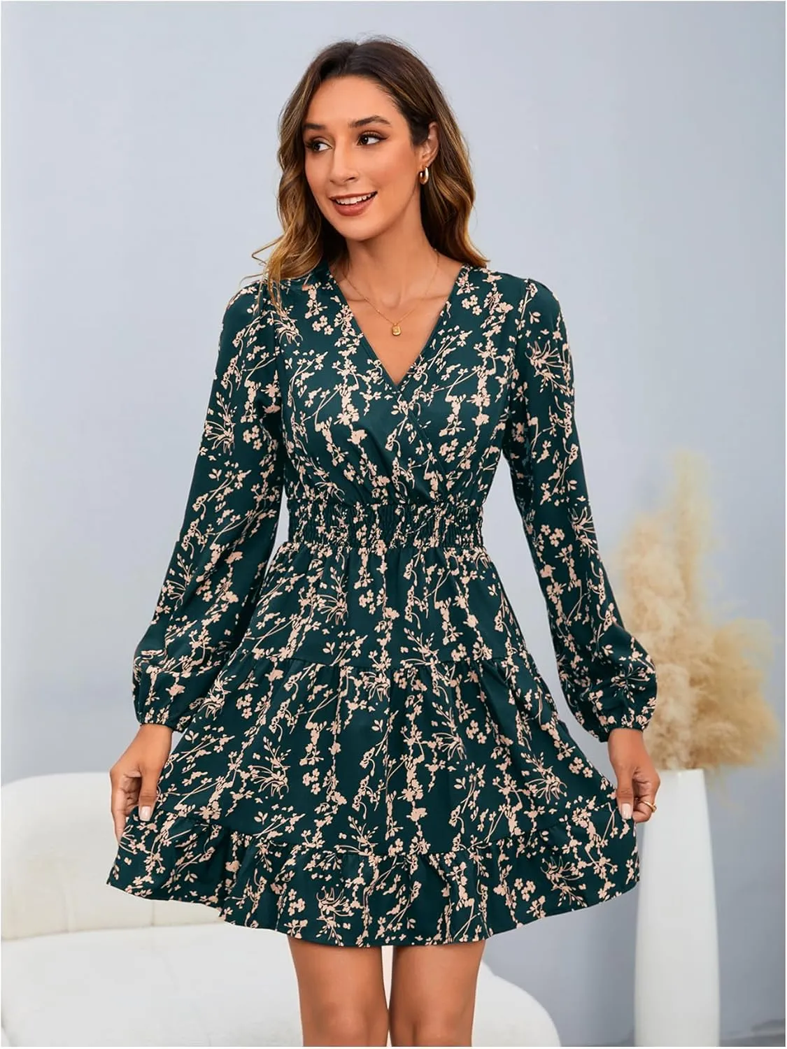 MakeMeChic Women's Long Sleeve Floral Short Dress Wrap V Neck Elastic Waist Casual Dresses