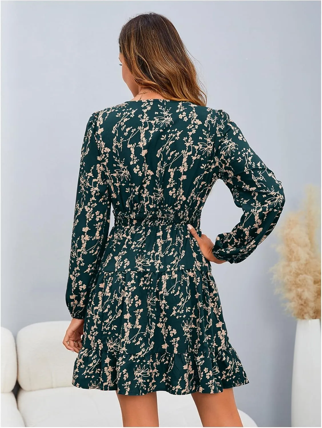 MakeMeChic Women's Long Sleeve Floral Short Dress Wrap V Neck Elastic Waist Casual Dresses