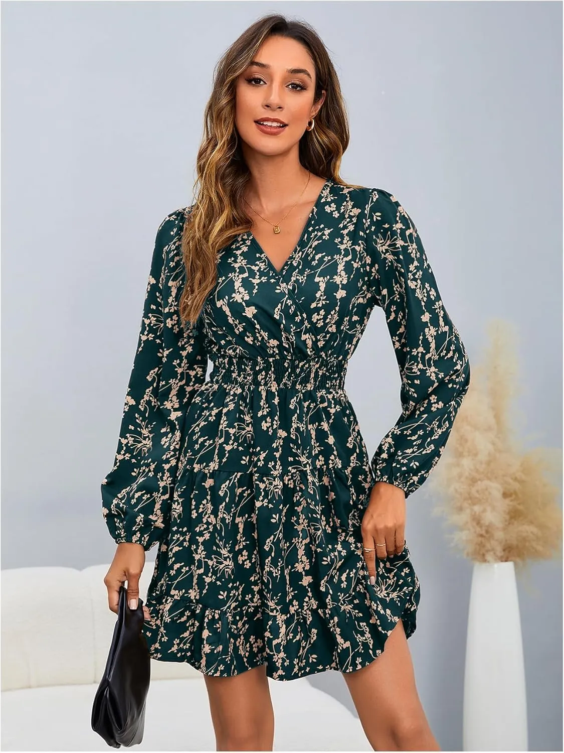 MakeMeChic Women's Long Sleeve Floral Short Dress Wrap V Neck Elastic Waist Casual Dresses