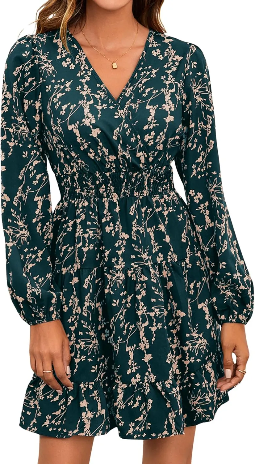 MakeMeChic Women's Long Sleeve Floral Short Dress Wrap V Neck Elastic Waist Casual Dresses