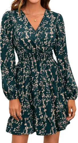 MakeMeChic Women's Long Sleeve Floral Short Dress Wrap V Neck Elastic Waist Casual Dresses