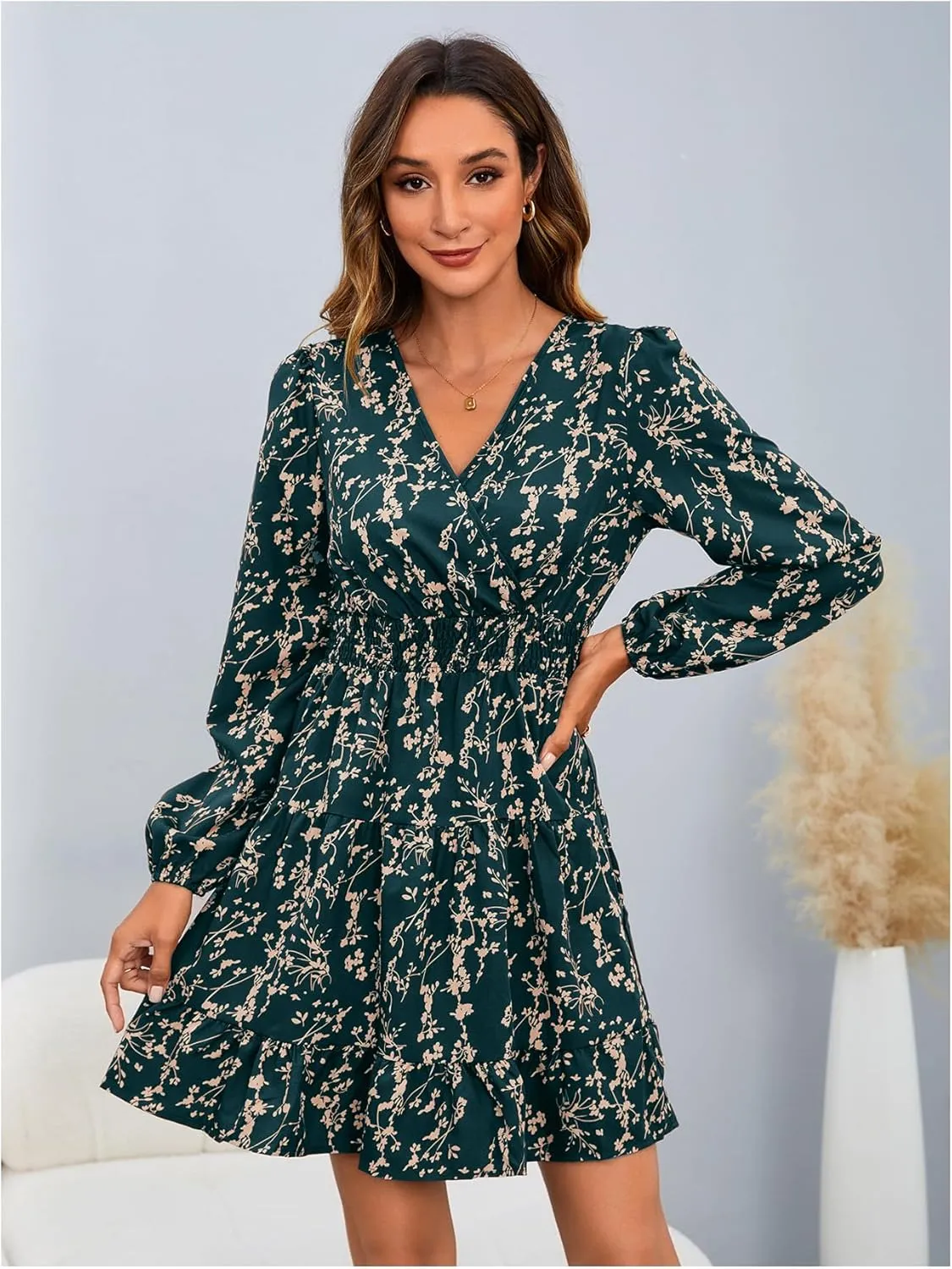 MakeMeChic Women's Long Sleeve Floral Short Dress Wrap V Neck Elastic Waist Casual Dresses