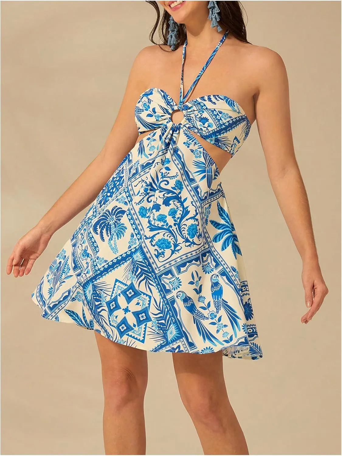 MakeMeChic Women's Tropical Print Mini Dress Sundress Halter Tie Backless Cut Out Shirred Summer Dresses