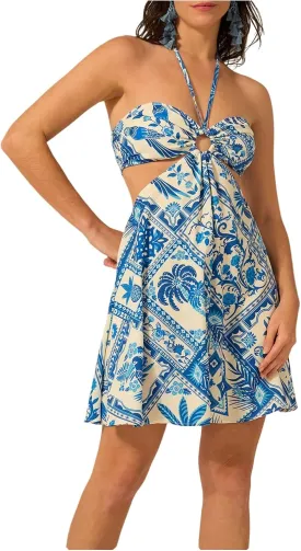 MakeMeChic Women's Tropical Print Mini Dress Sundress Halter Tie Backless Cut Out Shirred Summer Dresses