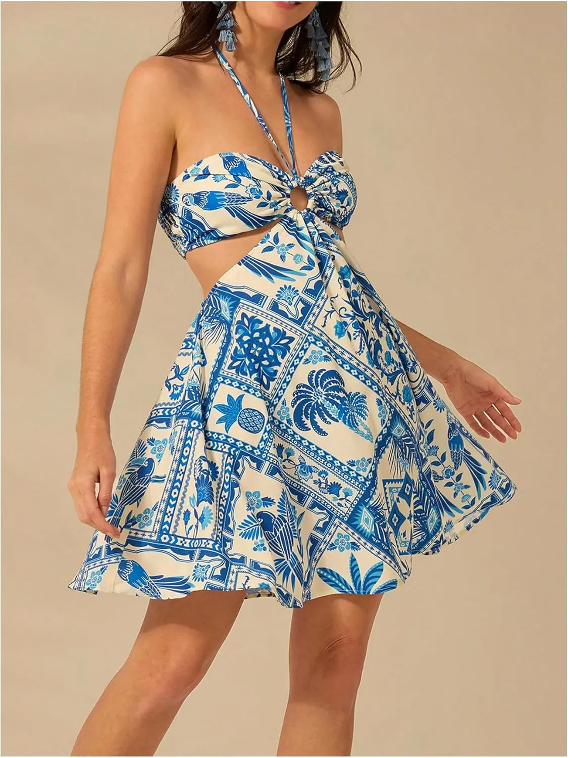 MakeMeChic Women's Tropical Print Mini Dress Sundress Halter Tie Backless Cut Out Shirred Summer Dresses
