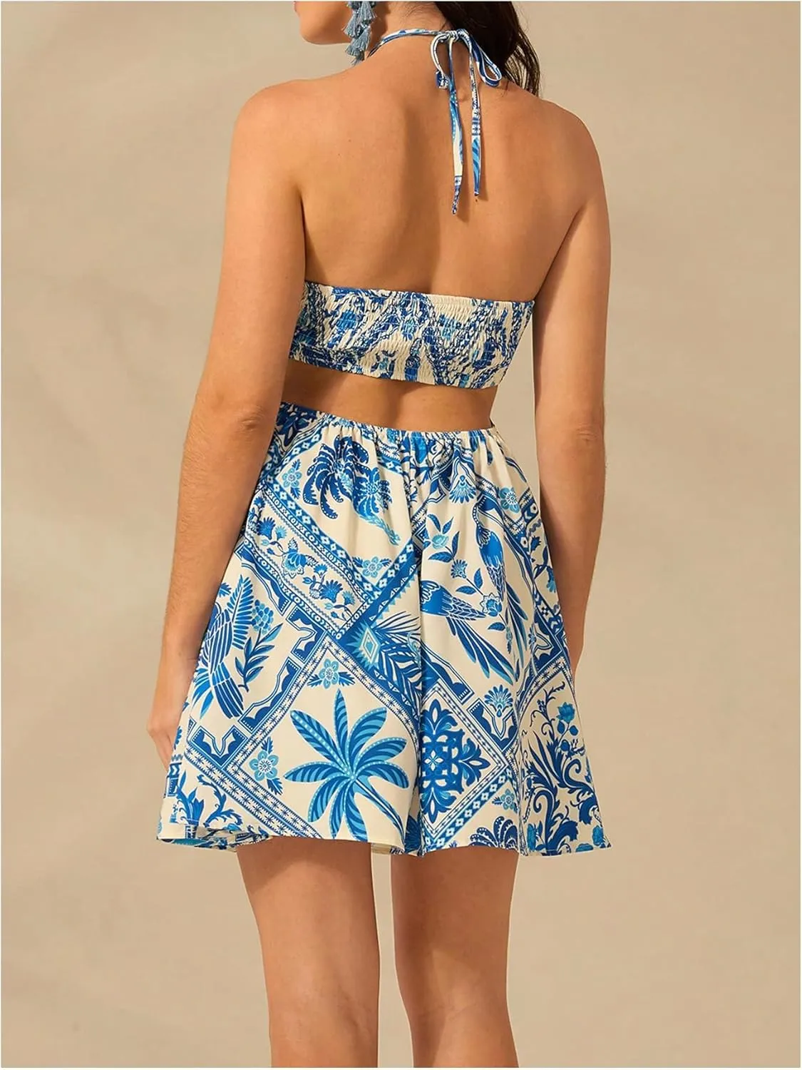 MakeMeChic Women's Tropical Print Mini Dress Sundress Halter Tie Backless Cut Out Shirred Summer Dresses