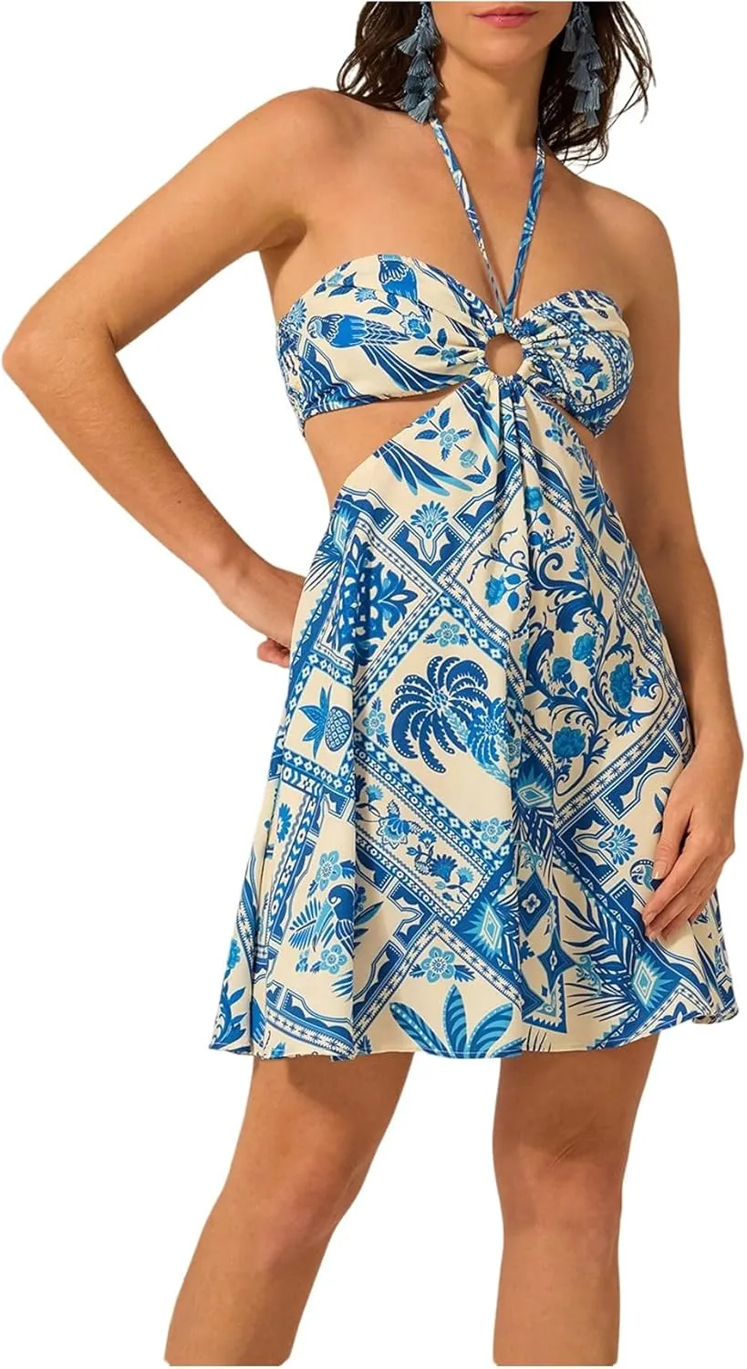 MakeMeChic Women's Tropical Print Mini Dress Sundress Halter Tie Backless Cut Out Shirred Summer Dresses