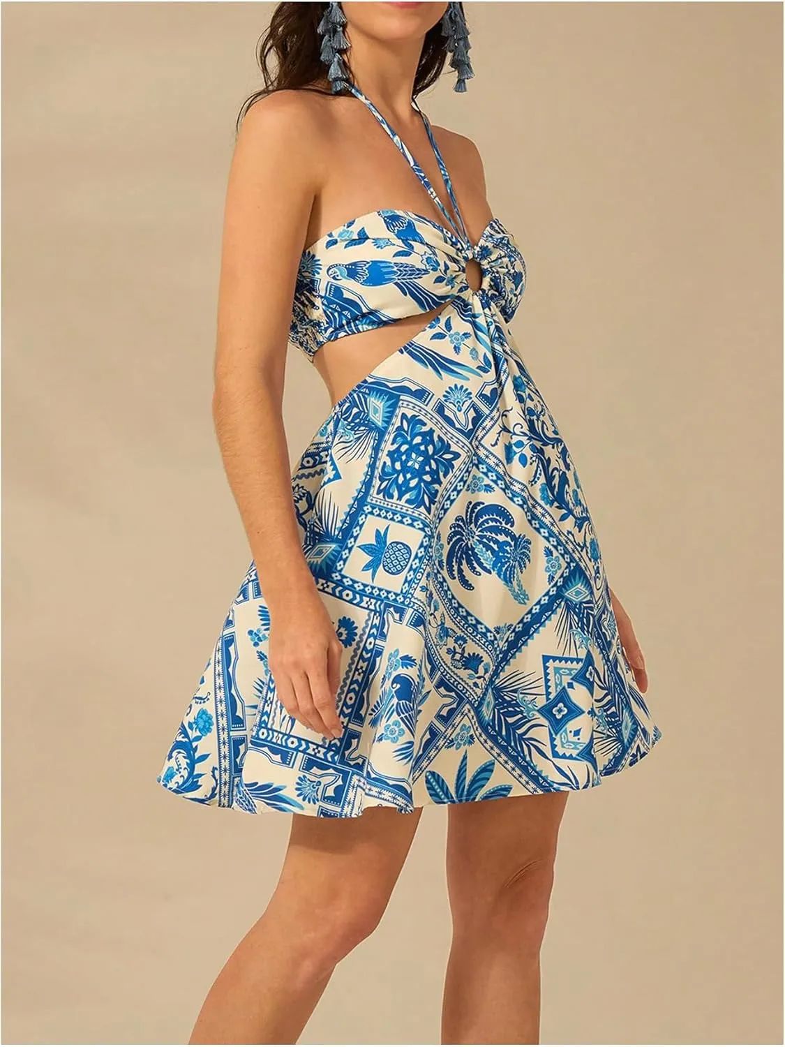 MakeMeChic Women's Tropical Print Mini Dress Sundress Halter Tie Backless Cut Out Shirred Summer Dresses