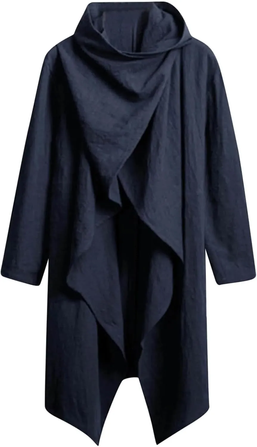 Mens Cotton Linen Poncho Cape Coats Casual Long Sleeve Cardigan Long Jacket Fall Winter Lightweight Baggy Outwear Top