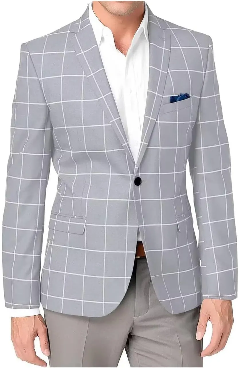 Men's One Button Plaid Blazer Slim Fit Notch Lapel Lightweight Casual Sport Coats for Wedding Prom