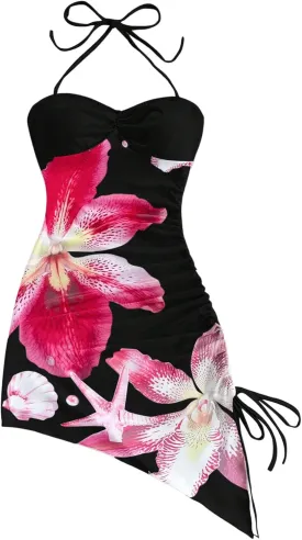 Milumia Women's Floral Tie Backless Halter Mini Dress Boho Drawstring Asymmetrical Hem Dresses