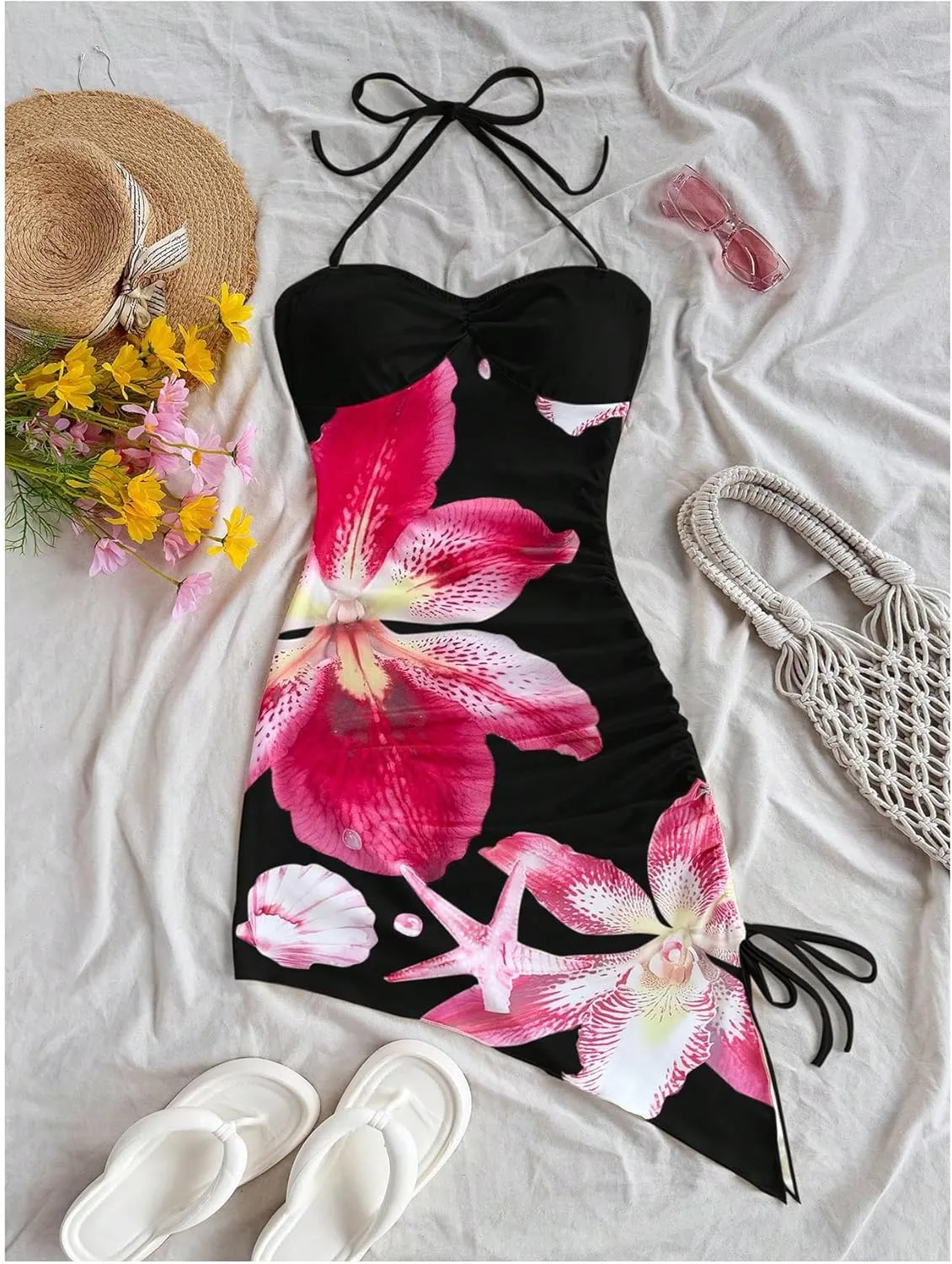 Milumia Women's Floral Tie Backless Halter Mini Dress Boho Drawstring Asymmetrical Hem Dresses