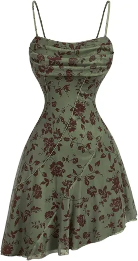 Milumia Women's Ruched Floral Spaghetti Straps Cami Dress Vintage Short Summer Dresses
