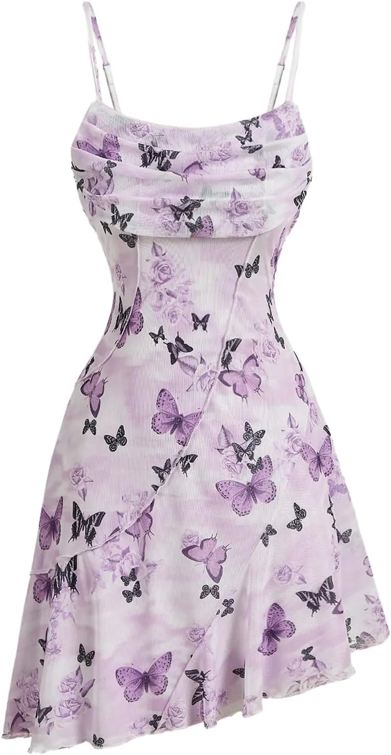 Milumia Women's Ruched Floral Spaghetti Straps Cami Dress Vintage Short Summer Dresses