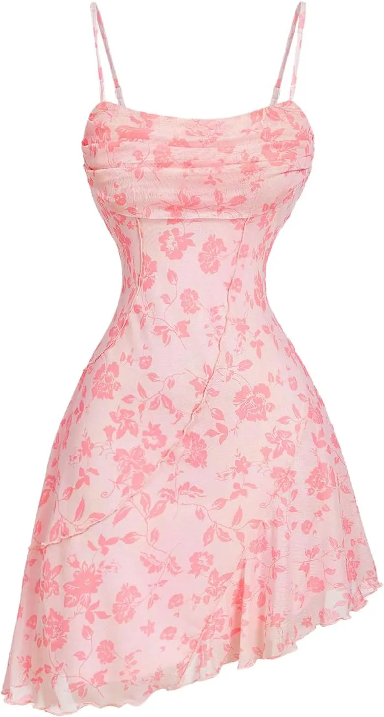 Milumia Women's Ruched Floral Spaghetti Straps Cami Dress Vintage Short Summer Dresses