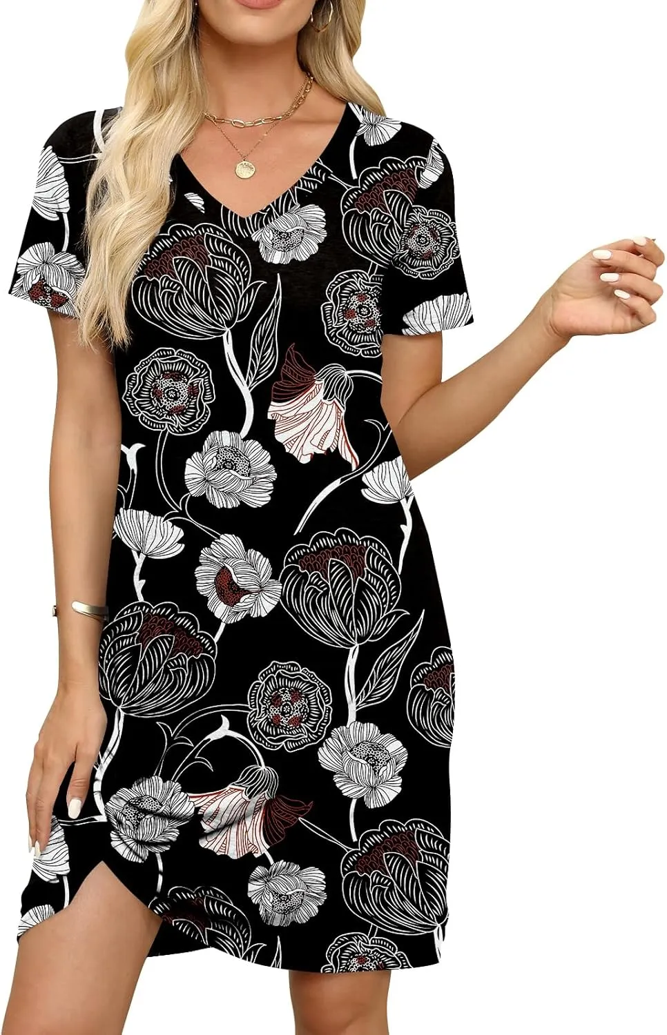 Miselon Tshirt Dresses for Women - Short Sleeve V Neck Knot T Shirt Dress Casual Summer Beach Sundresses