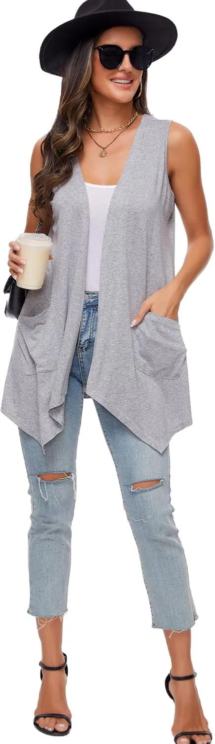 Moss Rose Women's Sleeveless Cardigan Vest Draped Open Front Cardigans Asymmetric Hem