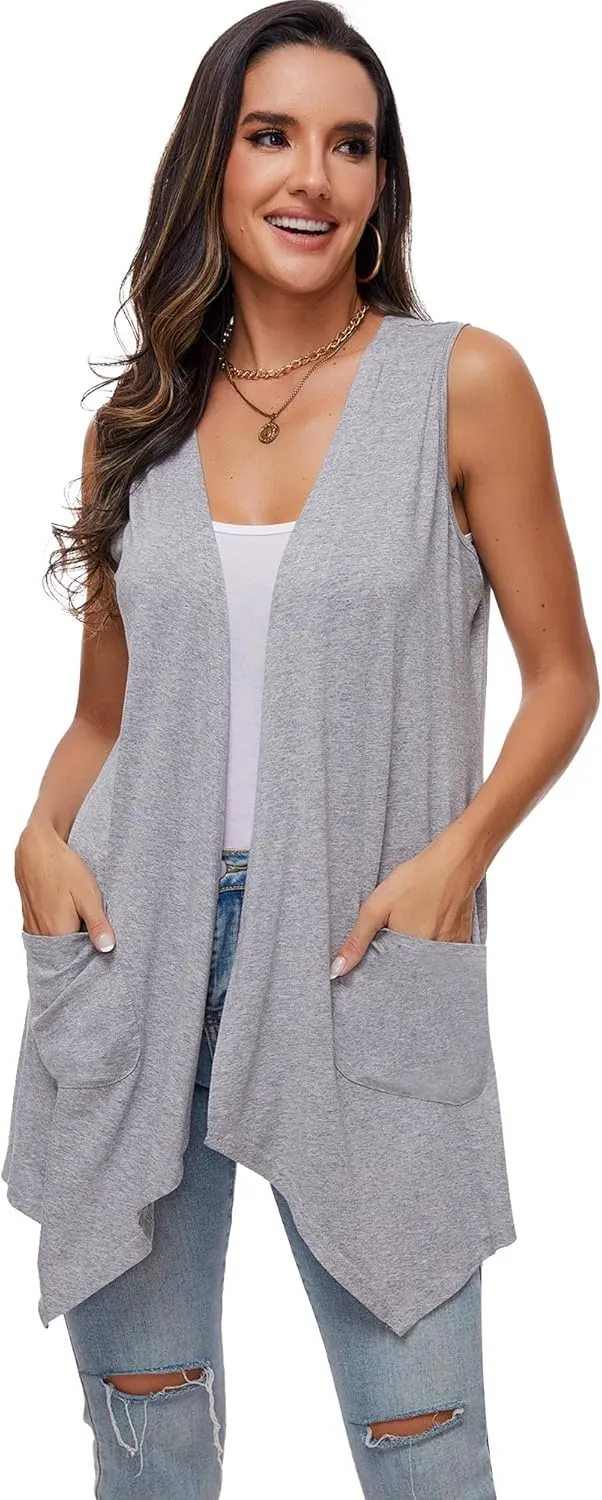 Moss Rose Women's Sleeveless Cardigan Vest Draped Open Front Cardigans Asymmetric Hem
