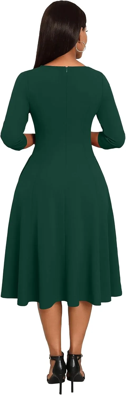 Nmoder Midi Dresses for Women A-Line Fit and Flare Dress 3/4 Sleeve V Neck Cocktail Wedding Guest Work Dress with Pockets